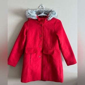 Girls Cat & Jack Red Puffer Coat with Faux Fur Hood, Size Large